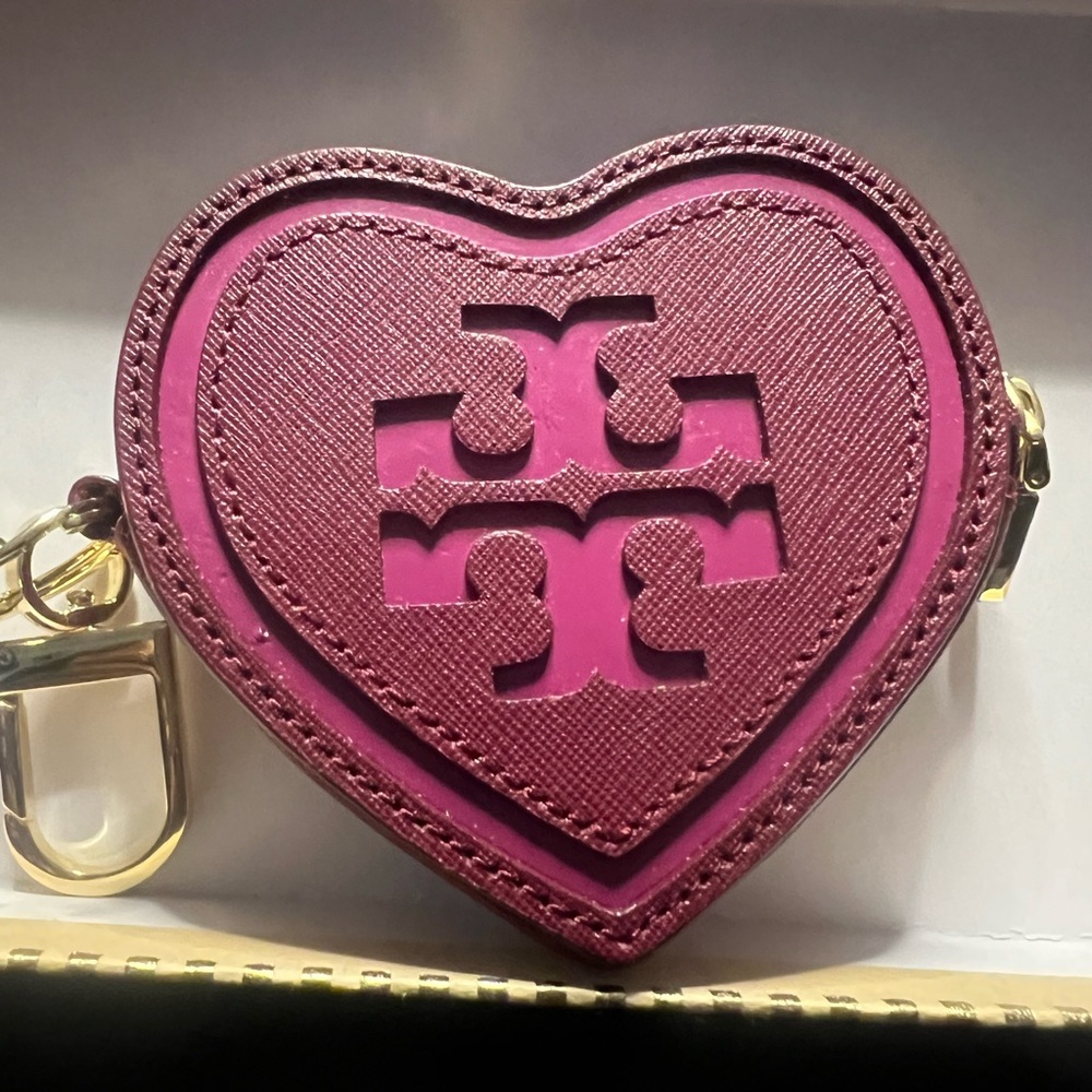 Tory Burch Magenta Heart Keychain change purse with Gold Accents